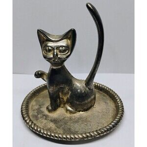 Vintage Silver Plate Cat Ring Jewelry Holder Trinket Dish 3x3.5 Kitten Tray